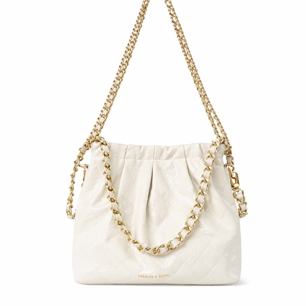 Charles & Keith Cream Quilted Hobo Crossbody Shoulder Bag Gold Chain Pleated - Picture 2 of 7